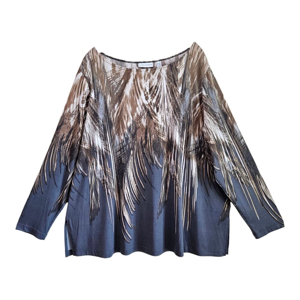 SUSAN GRAVER Women Plus 2X Tunic Top Neutral Feathers Liquid Knit Long Slv 52"